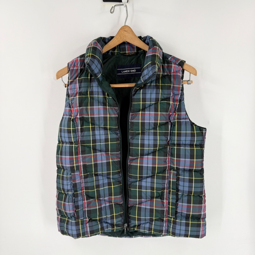 Lands End Puffer Vest Plaid Blue M Down Fill Quilted Winter Preppy Tartan